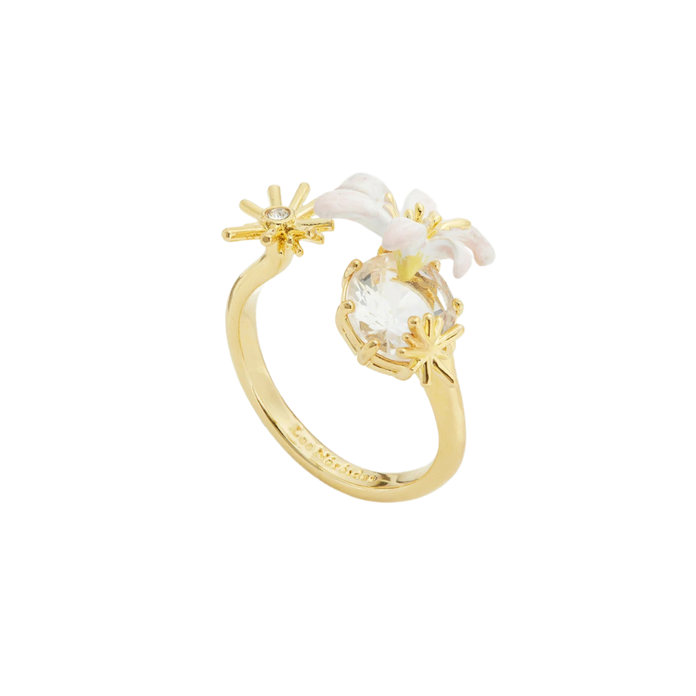 Load image into Gallery viewer, LES NEREIDES Adjustable Ring - White Lily & Faceted Crystal
