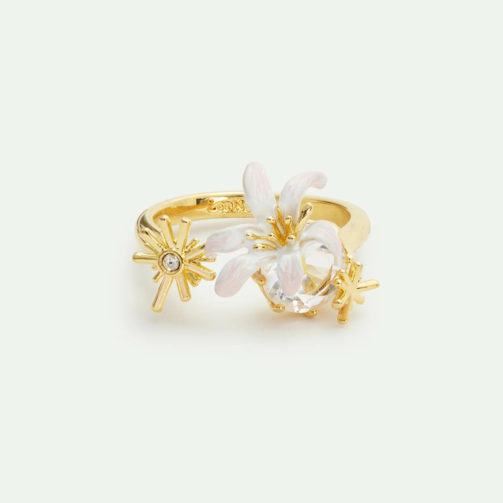 Load image into Gallery viewer, LES NEREIDES Adjustable Ring - White Lily & Faceted Crystal