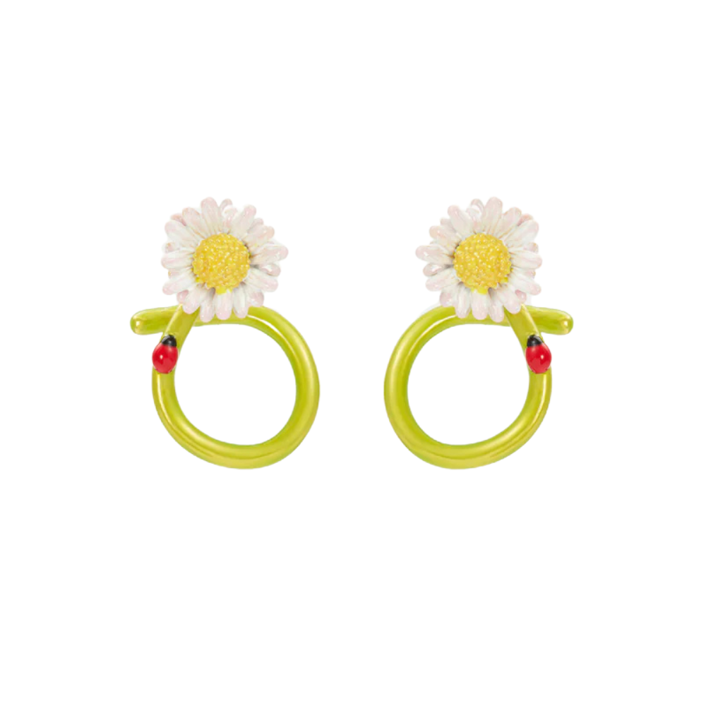 Load image into Gallery viewer, LES NEREIDES Hoop Earrings - White Flower & Ladybird