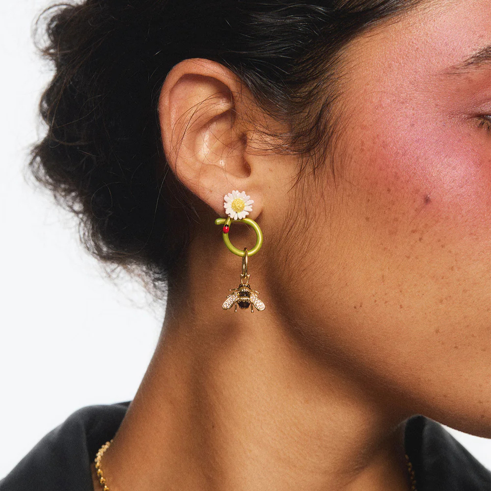 Load image into Gallery viewer, LES NEREIDES Hoop Earrings - White Flower & Ladybird