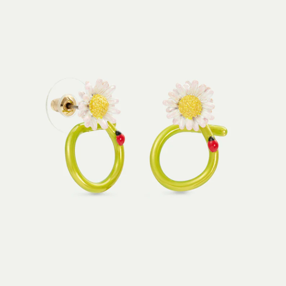 Load image into Gallery viewer, LES NEREIDES Hoop Earrings - White Flower & Ladybird