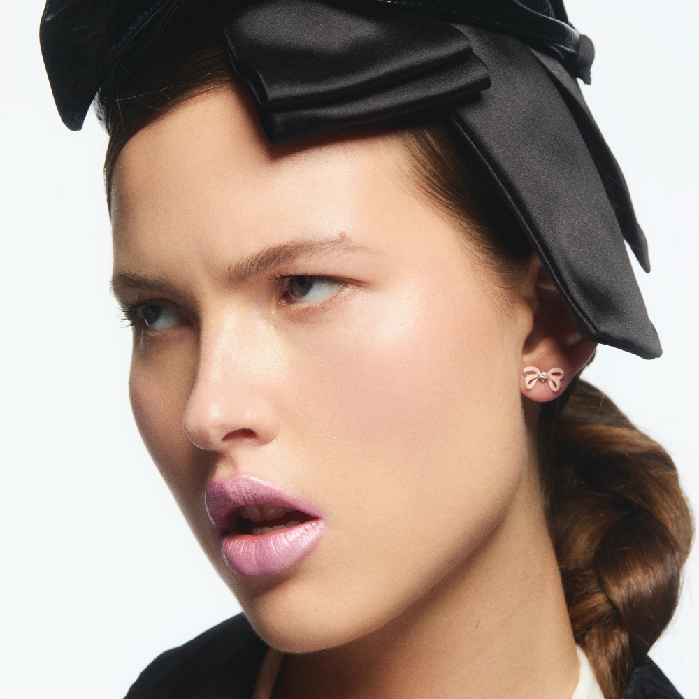 Load image into Gallery viewer, LES NEREIDES Stud Earrings - Pink Ribbon & Faceted Crystal