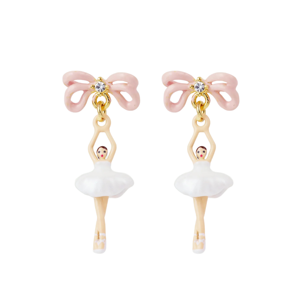 Load image into Gallery viewer, LES NEREIDES Stud Earrings - White Tutu & Pink Bow Mini Ballerina