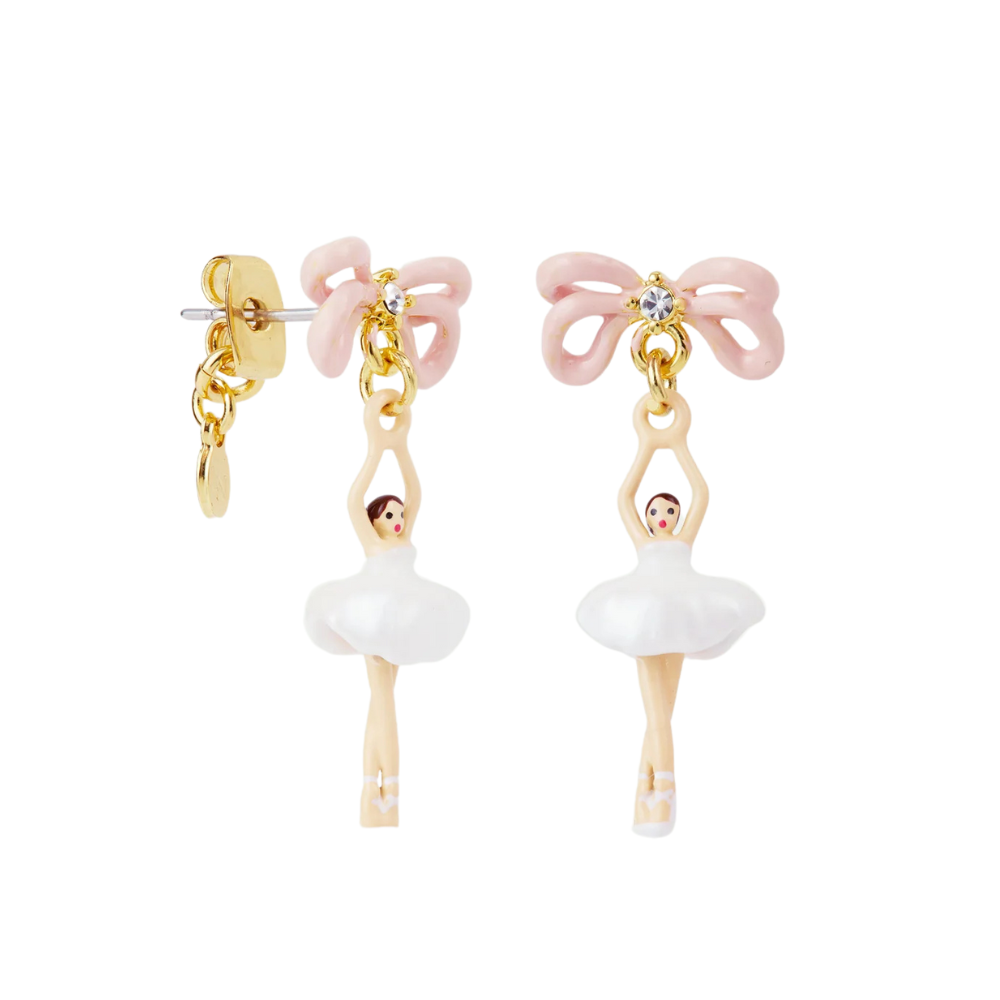 Load image into Gallery viewer, LES NEREIDES Stud Earrings - White Tutu & Pink Bow Mini Ballerina