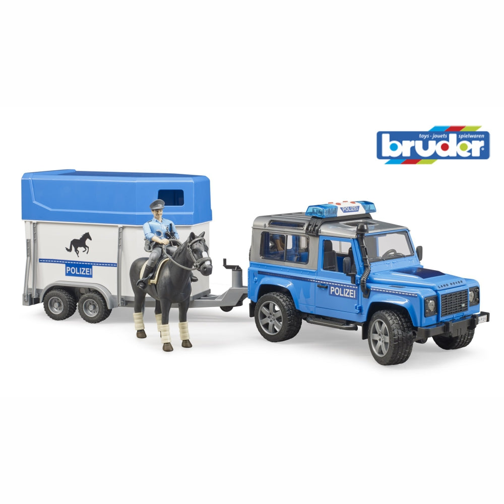 BRUDER Land Rover Defender Police vehicle w/horse trailer +mounted police officer 1:16