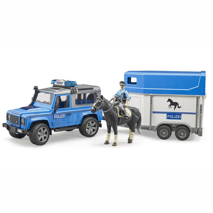 BRUDER Land Rover Defender Police vehicle w/horse trailer +mounted police officer 1:16