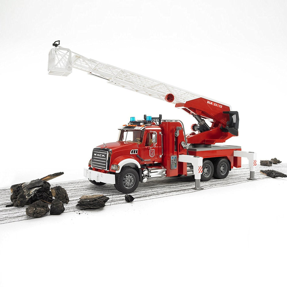 Load image into Gallery viewer, BRUDER MACK Granite Fire Engine w/Slewing Ladder & Water Pump 1:16
