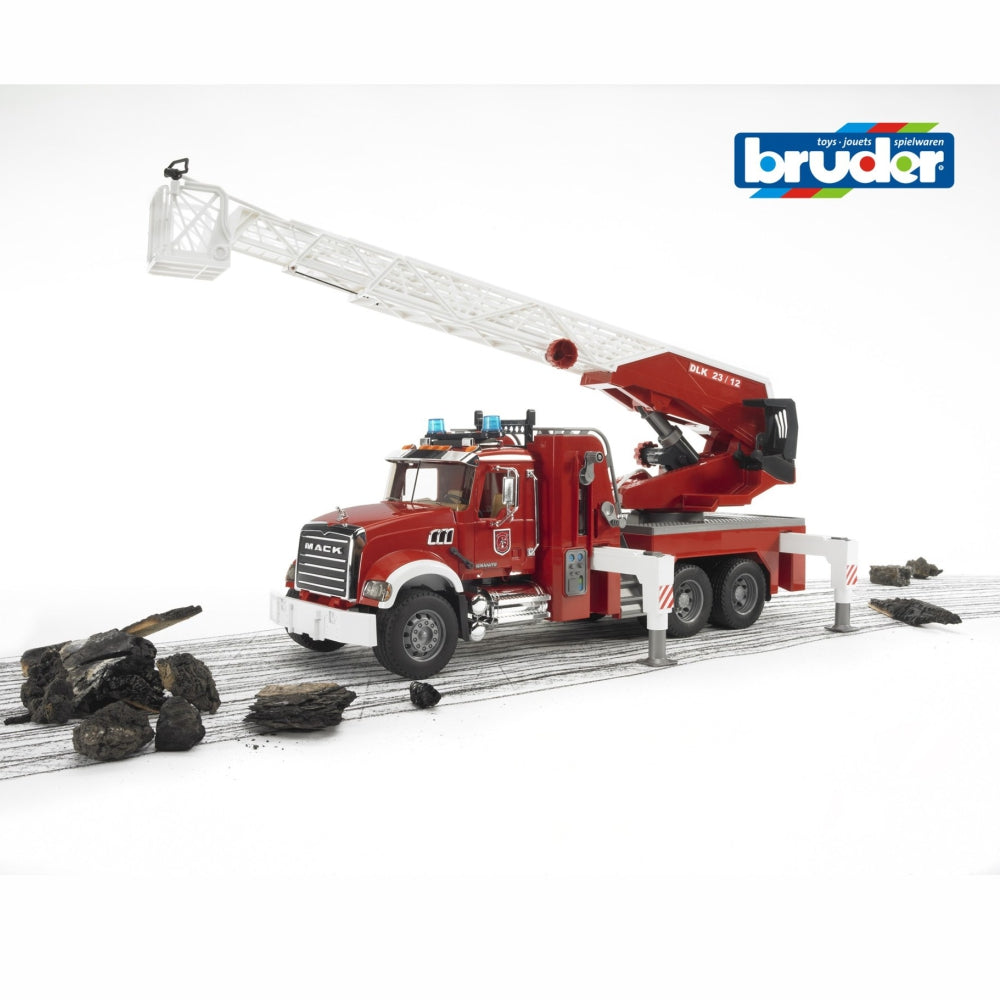 Load image into Gallery viewer, BRUDER MACK Granite Fire Engine w/Slewing Ladder & Water Pump 1:16