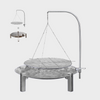 Metallic grill with hanging lamp on a light gray background