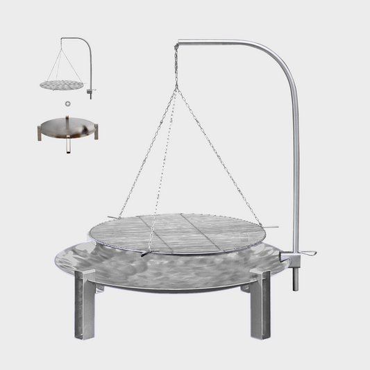 Metallic grill with hanging lamp on a light gray background