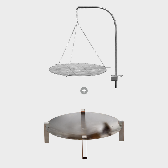 ALFRED RIESS Stromboli Large Steel Fire Pit w/ Hanging Grill Grate - Bundle