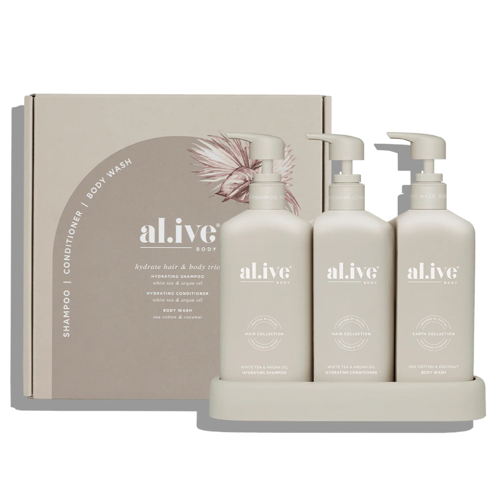 AL.IVE Hair & Body Trio 300ml - White Tea & Argan Oil and Sea Cotton & Coconut