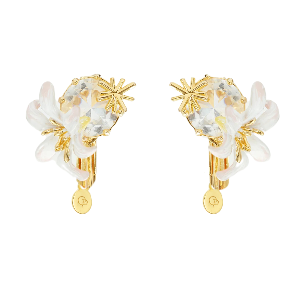 LES NEREIDES Clip-on Earrings - White Lily & Faceted Crystal