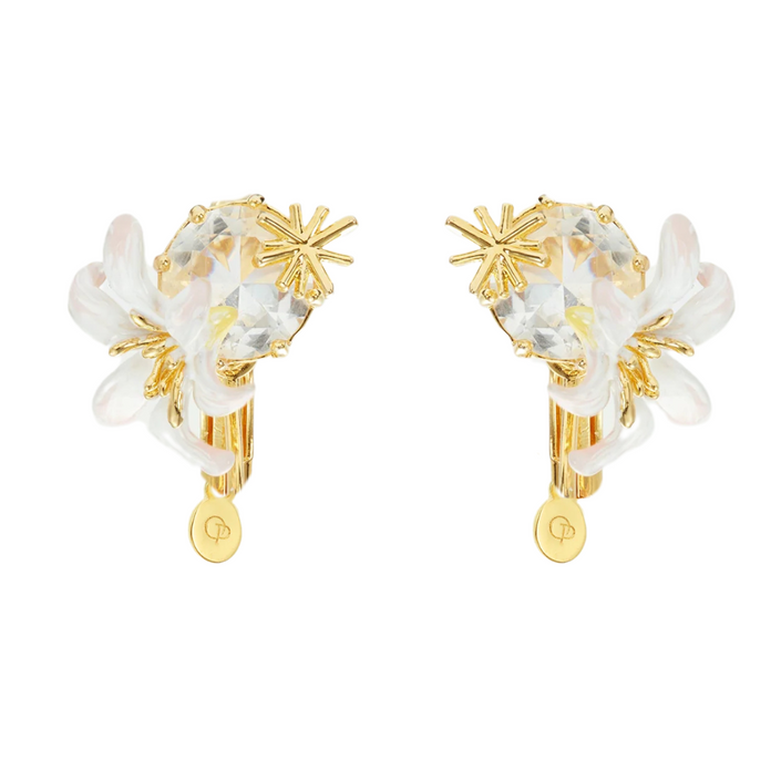 LES NEREIDES Clip-on Earrings - White Lily & Faceted Crystal