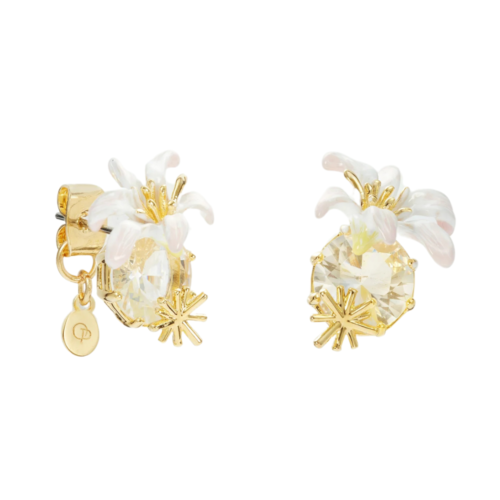 LES NEREIDES Stud Earrings - White Lily & Faceted Crystal