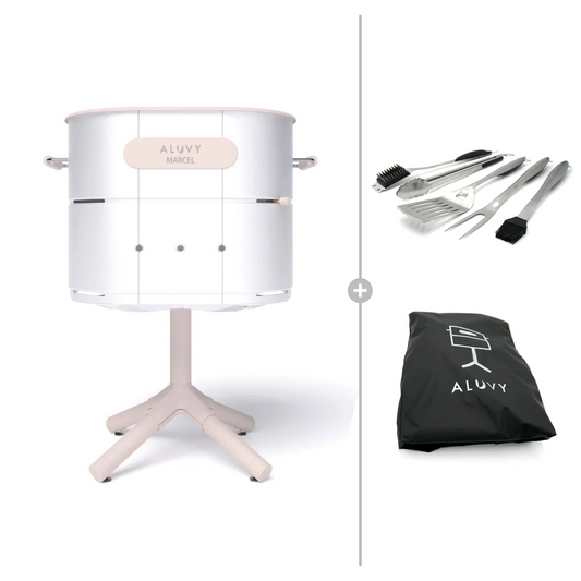 ALUVY MARCEL Original Charcoal Barbeque with Cover & BBQ Tool Set - Blanc