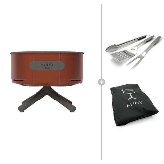 ALUVY SAM Basalt Low Brazier with Cover & BBQ Tool Set - Terracota