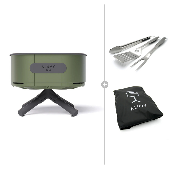 ALUVY SAM Basalt Low Brazier with Cover & BBQ Tool Set - Kaki