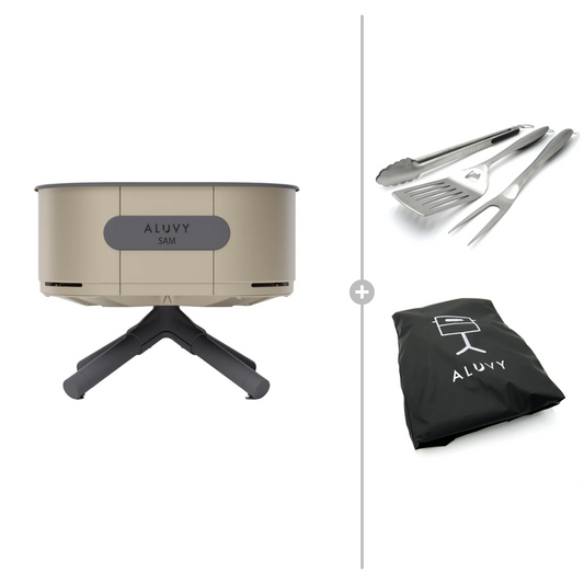 ALUVY SAM Basalt Low Brazier with Cover & BBQ Tool Set - Champagne