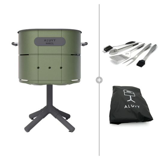 ALUVY MARCEL Basalt Charcoal Barbeque with Cover & BBQ Tool Set - Kaki