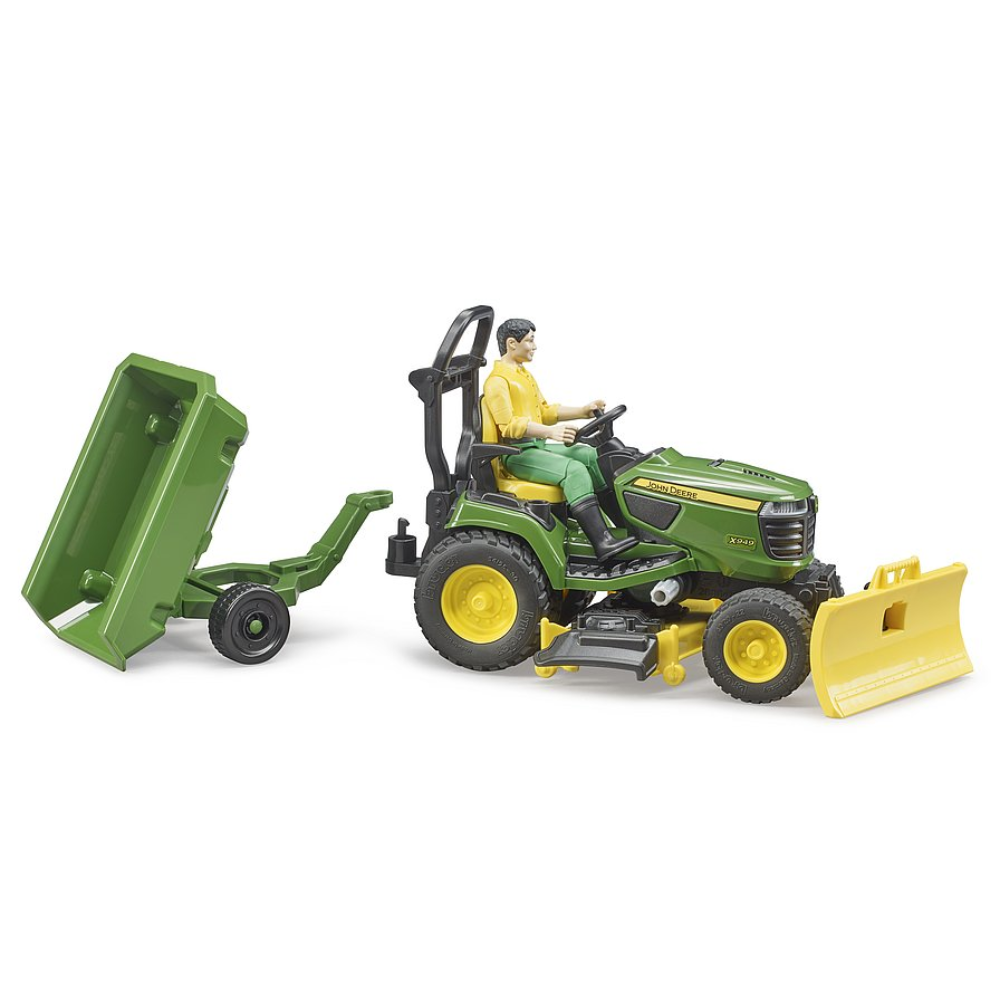 Load image into Gallery viewer, BRUDER 1:16 JOHN DEERE Lawn Tractor W/ Trailer &amp; Gardener