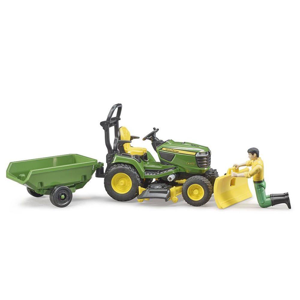 Load image into Gallery viewer, BRUDER 1:16 JOHN DEERE Lawn Tractor W/ Trailer &amp; Gardener