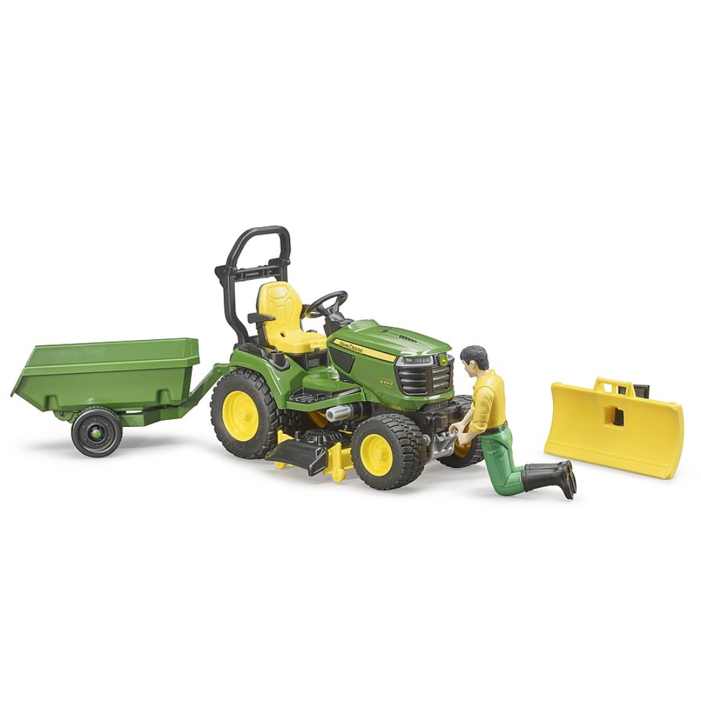 Load image into Gallery viewer, BRUDER 1:16 JOHN DEERE Lawn Tractor W/ Trailer &amp; Gardener