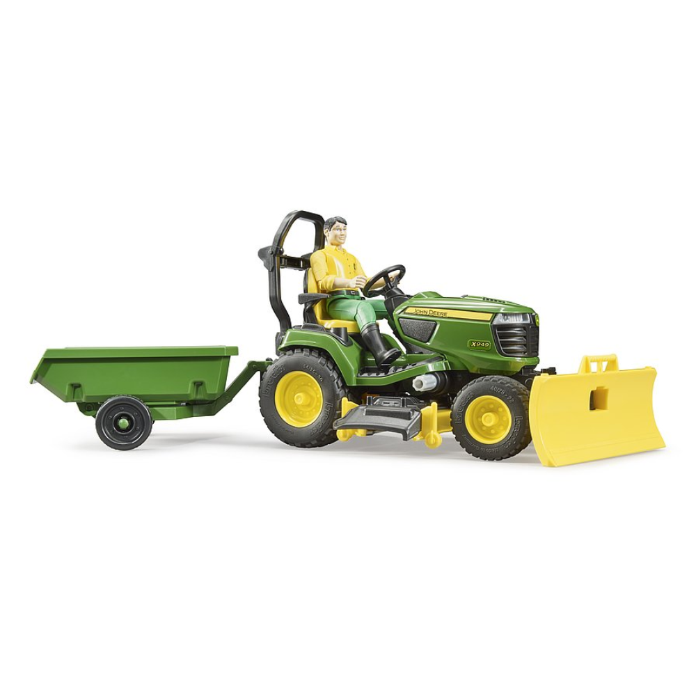 Load image into Gallery viewer, BRUDER 1:16 JOHN DEERE Lawn Tractor W/ Trailer &amp; Gardener