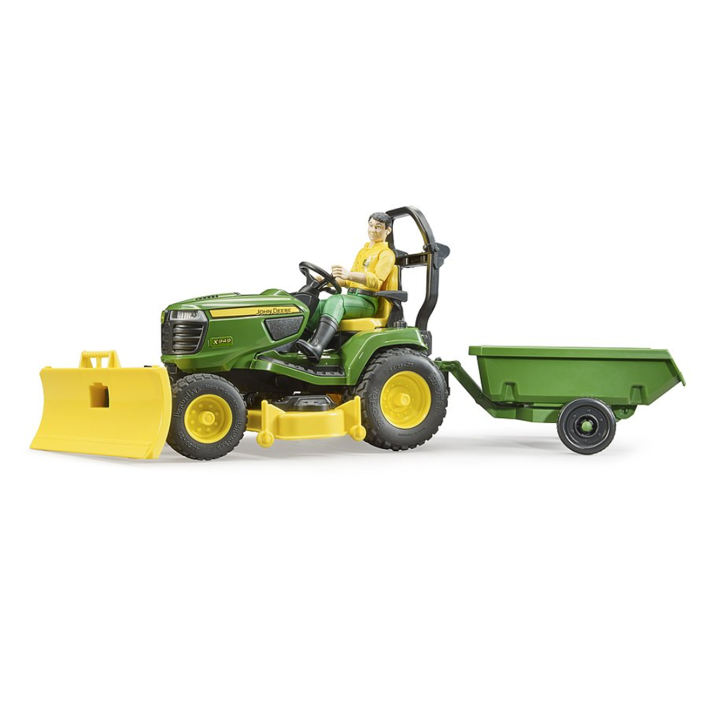 Load image into Gallery viewer, BRUDER 1:16 JOHN DEERE Lawn Tractor W/ Trailer &amp; Gardener