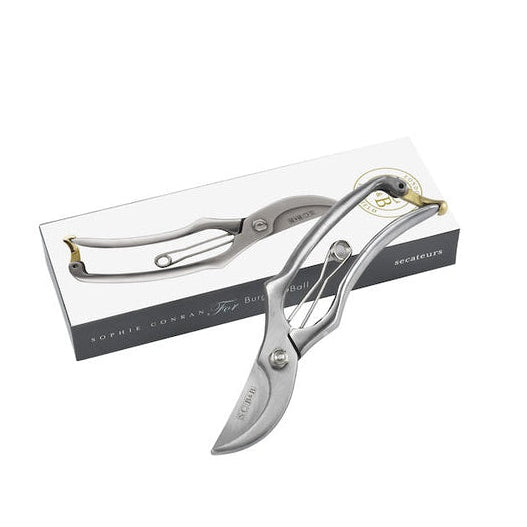 Metal garden pruner with packaging on a white background