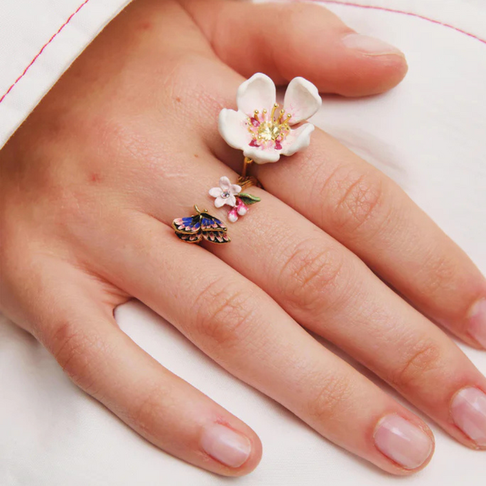 LES NEREIDES Adjustable Ring - Japanese Emperor Butterfly & Cherry Blossom