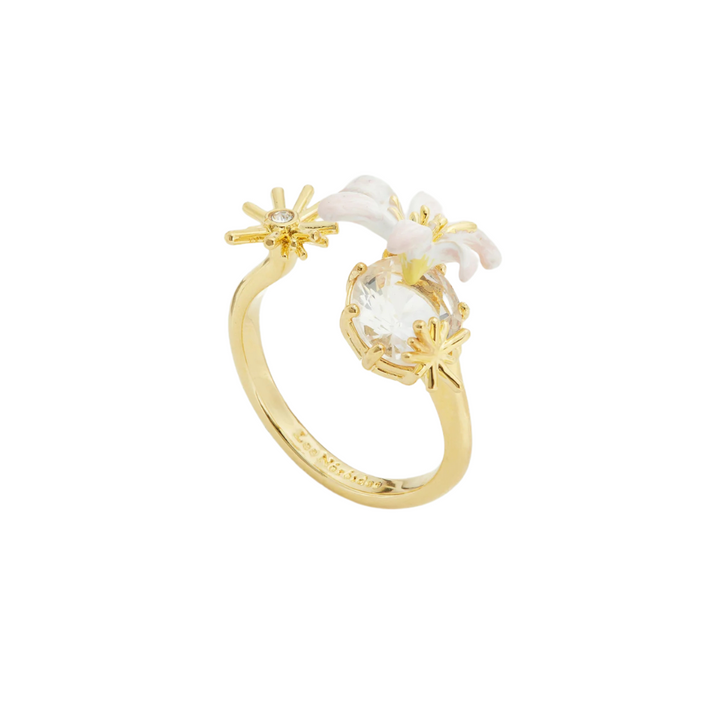 LES NEREIDES Adjustable Ring - White Lily & Faceted Crystal