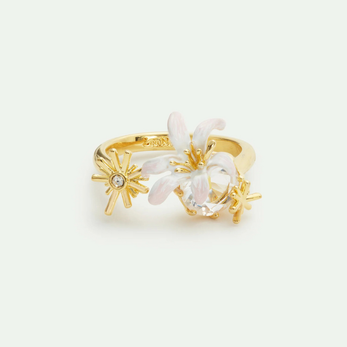 LES NEREIDES Adjustable Ring - White Lily & Faceted Crystal