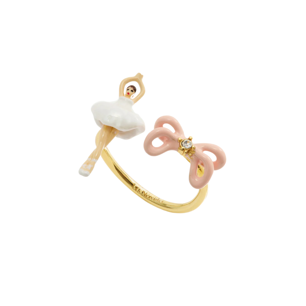 LES NEREIDES Adjustable Ring - White Tutu & Pink Bow Mini Ballerina