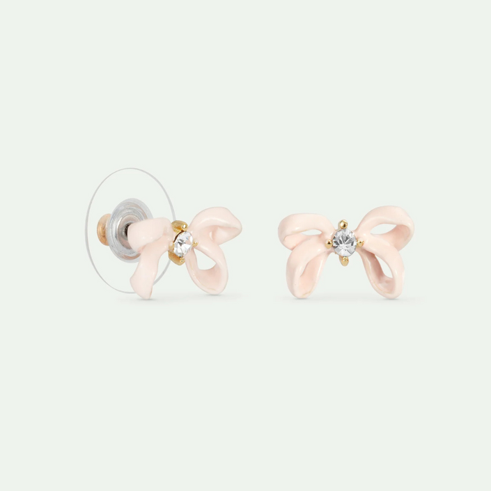 LES NEREIDES Stud Earrings - Pink Ribbon & Faceted Crystal