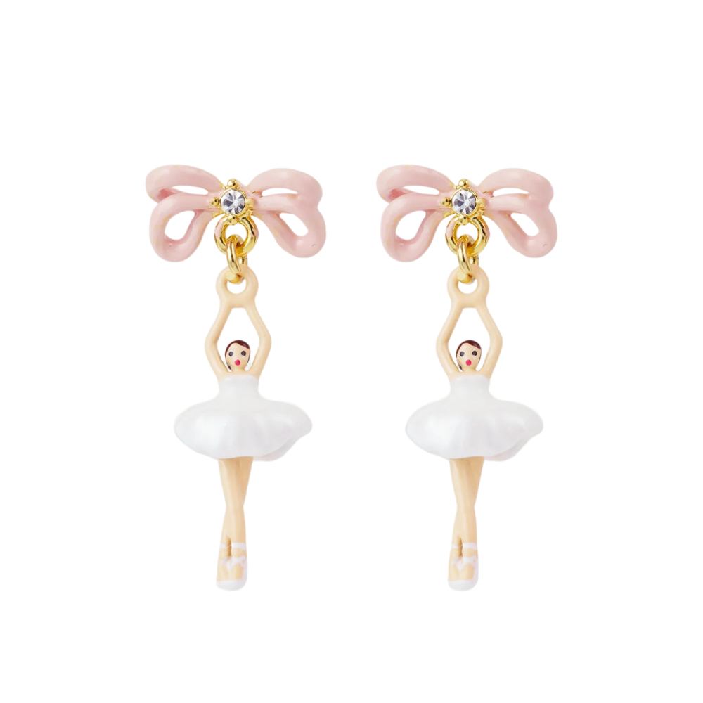 LES NEREIDES Stud Earrings - White Tutu & Pink Bow Mini Ballerina