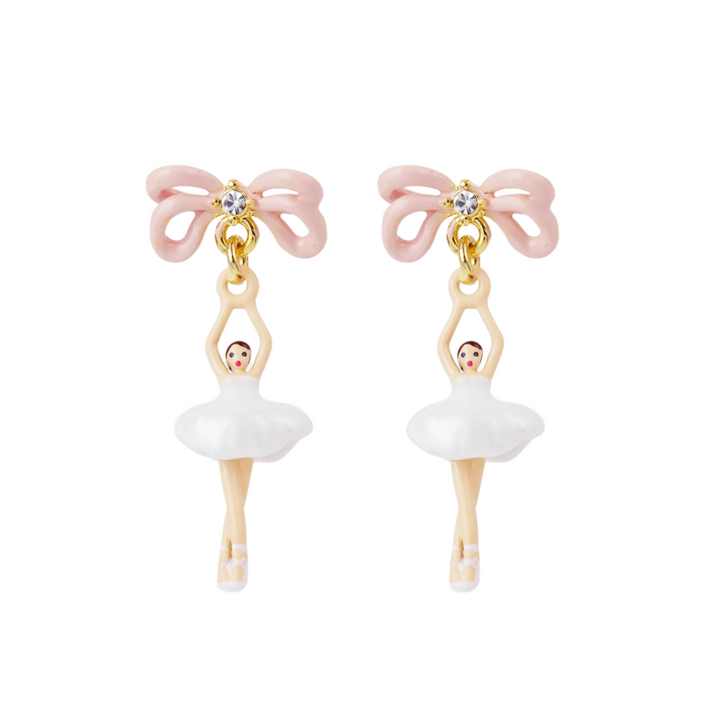 LES NEREIDES Stud Earrings - White Tutu & Pink Bow Mini Ballerina