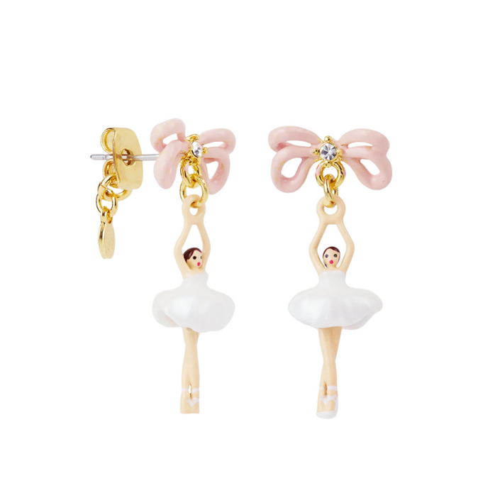 LES NEREIDES Stud Earrings - White Tutu & Pink Bow Mini Ballerina