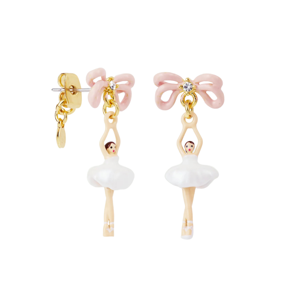 Load image into Gallery viewer, LES NEREIDES Stud Earrings - White Tutu &amp; Pink Bow Mini Ballerina