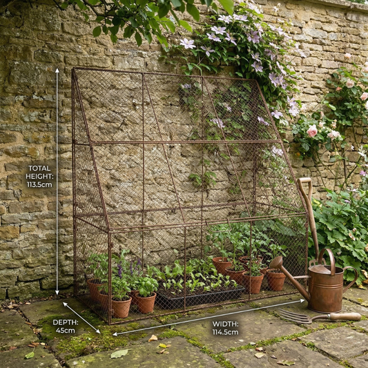 Garden trellis with plants against a stone wall, showing dimensions.