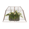 A rustic wire cloche covering a potted plant, with a brown powder-coated finish and a copper brush texture.