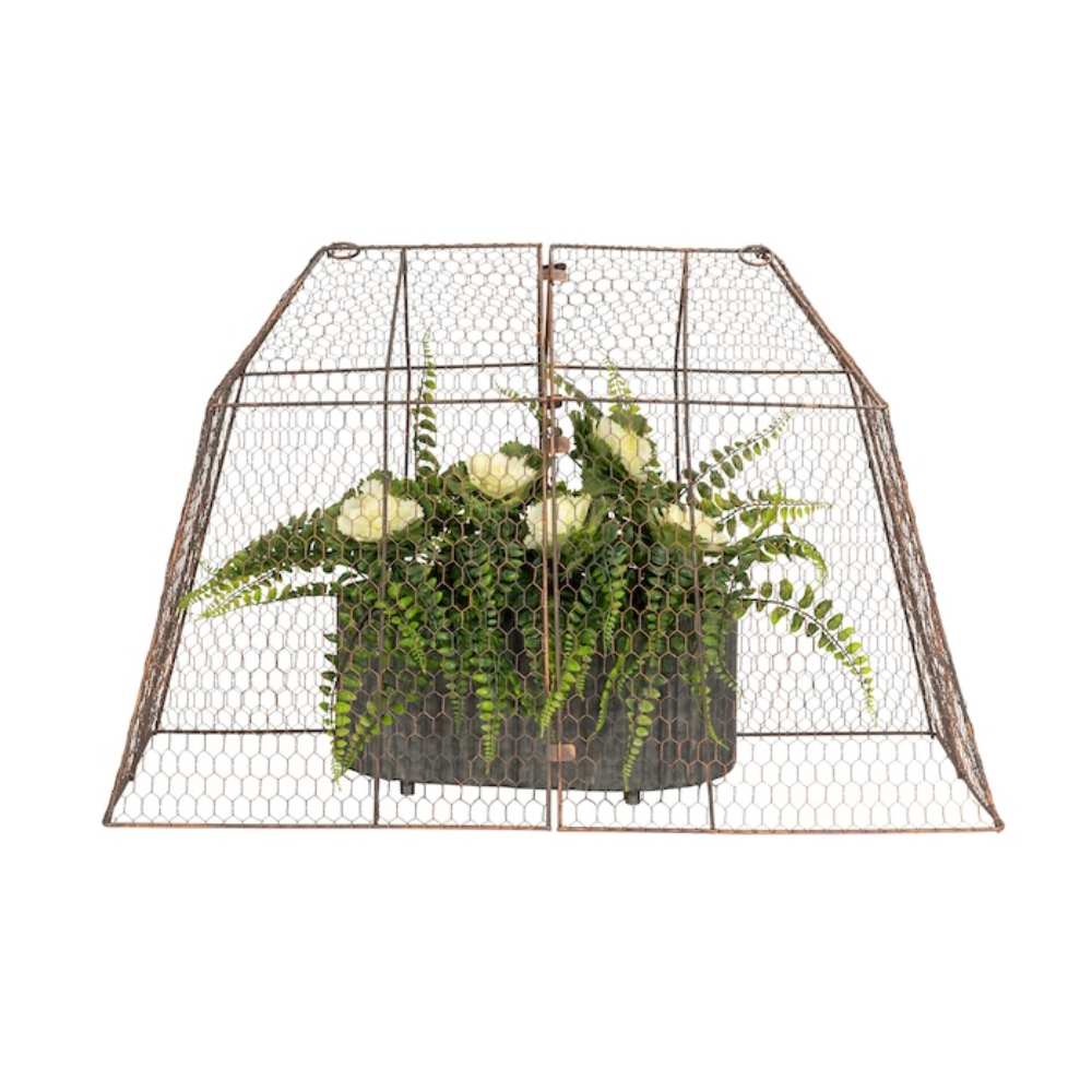 A rustic wire cloche covering a potted plant, with a brown powder-coated finish and a copper brush texture.