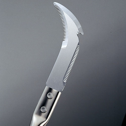 Stainless steel pruning saw on a gray background
