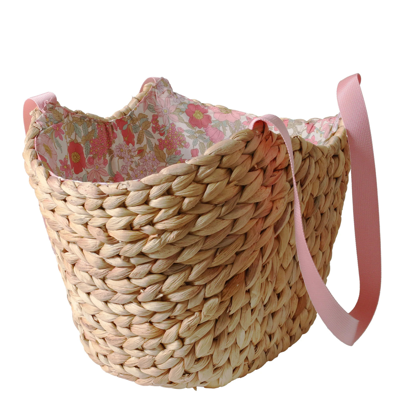 Load image into Gallery viewer, Woven basket with floral lining and pink handle on a white background