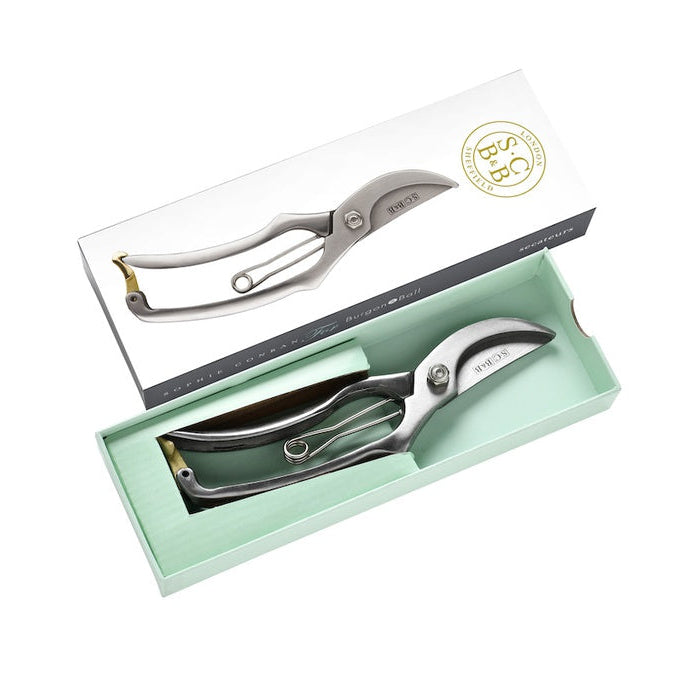 Garden shears in a green box with a brand logo on a white background