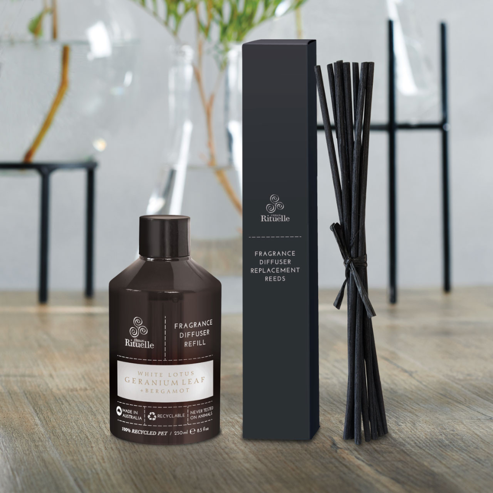 Load image into Gallery viewer, URBAN RITUELLE Diffuser Refill &amp; Reeds 250ml - White Lotus, Geranium Leaf &amp; Bergamot