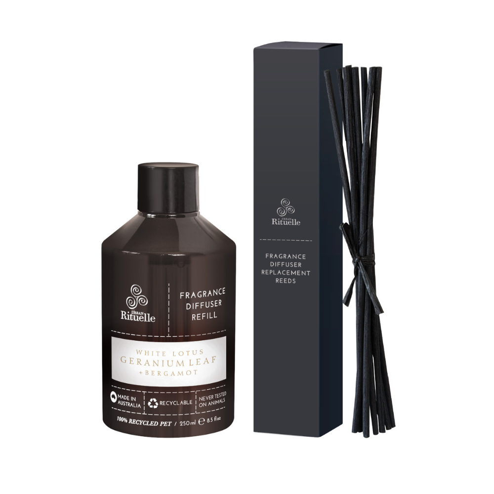 Load image into Gallery viewer, URBAN RITUELLE Diffuser Refill &amp; Reeds 250ml - White Lotus, Geranium Leaf &amp; Bergamot