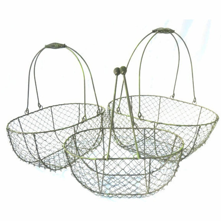 MARTHA'S VINEYARD Rounded French Style Wire Harvesting Basket Trug - Set of 3 Small, Medium, Large