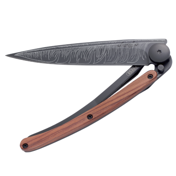DEEJO KNIFE | Rosewood BLACK 37g - Feather Half Opened