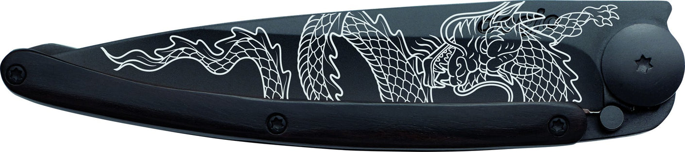 Load image into Gallery viewer, DEEJO KNIFE | Granadilla Wood BLACK 37g - Japanese Dragon closed